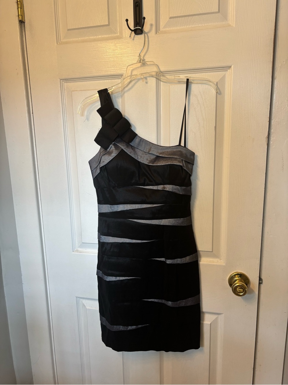 Betsy & Adam Black One-Shoulder Cocktail Dress with Silver Accents